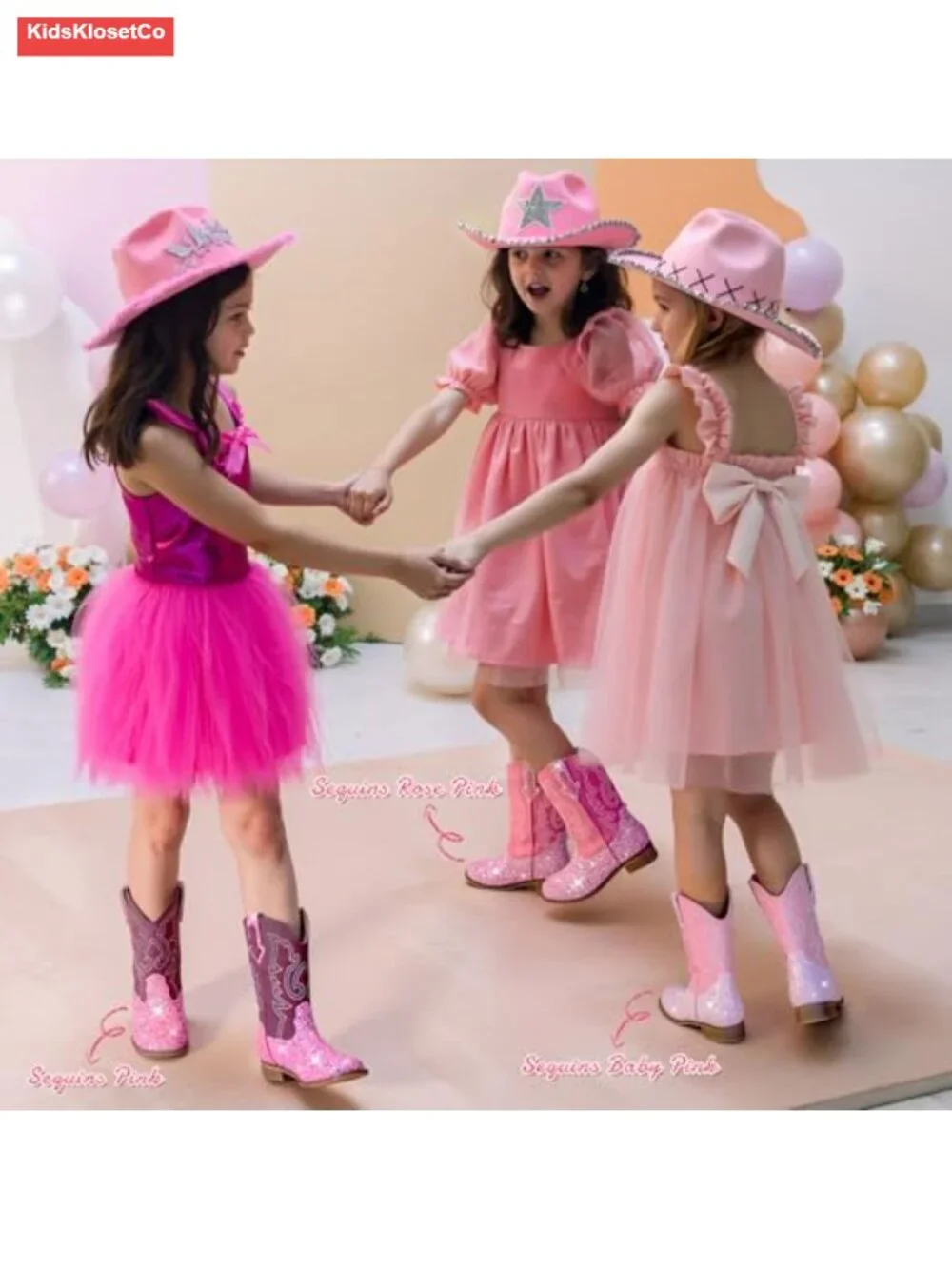Girls Glitter Cowboy Boots Square Toe Pull-On Mid Calf Western Riding